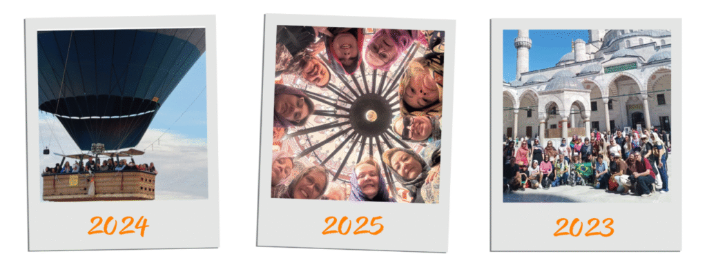 Colagem de fotos de grupos de viajantes da Girotrip na Turquia, mostrando a experiência de viagem em grupo nos anos de 2023, 2024 e 2025.